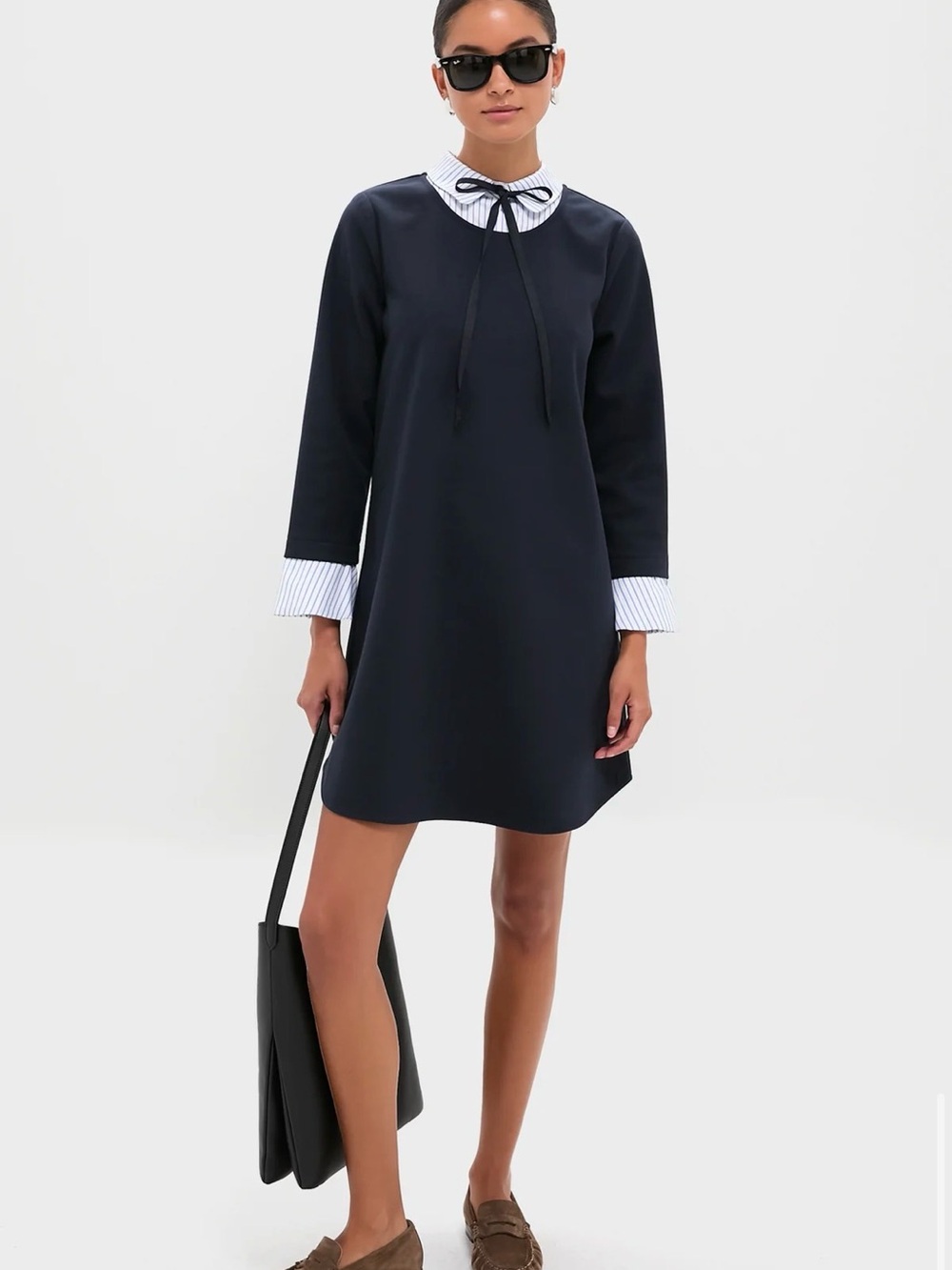 Navy Shift Dress with Striped Shirt-Style Collar and Cuffs